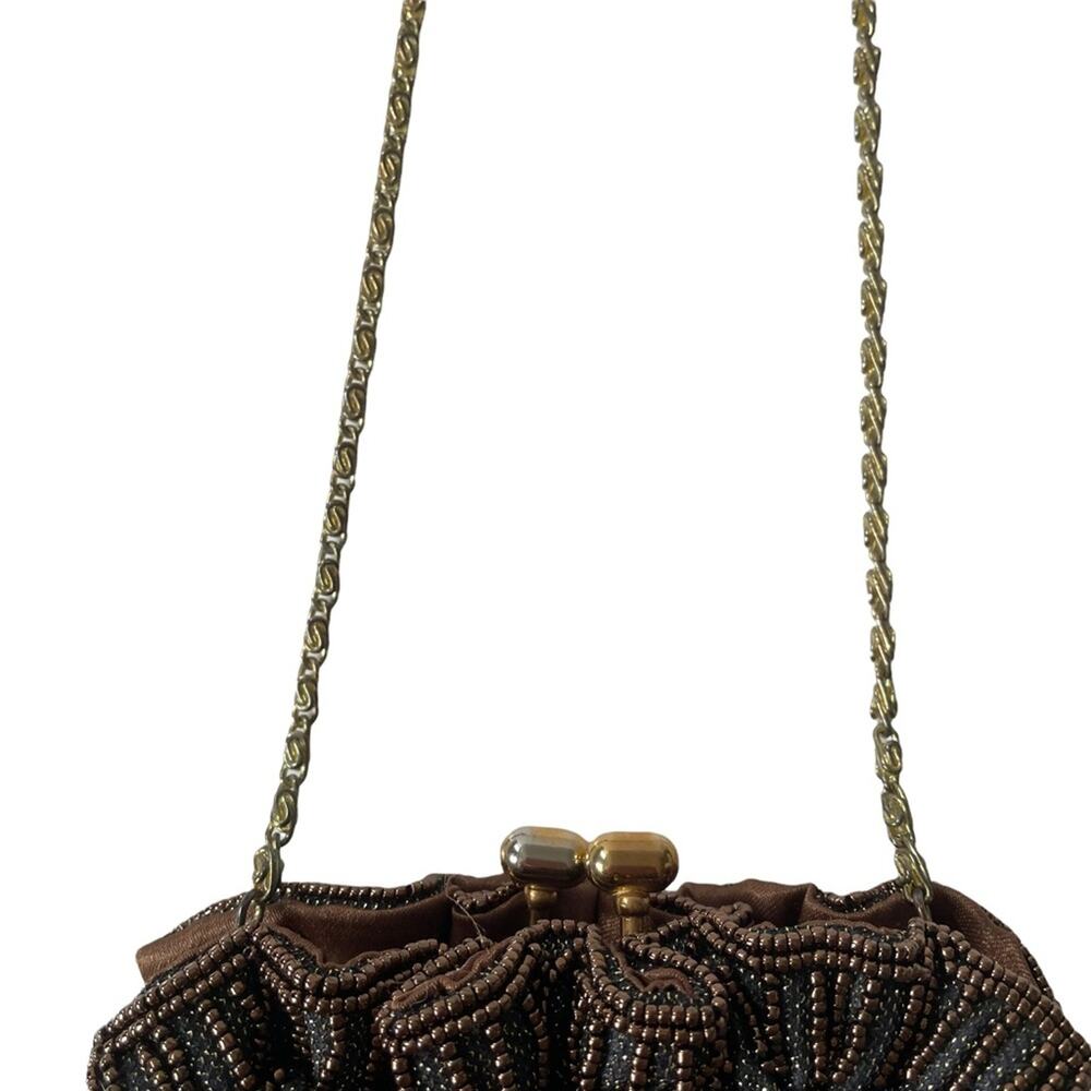 Vintage 1980s Beaded Evening Bag Kisslock Chain Strap Brown Purple Gold EUC - Picture 9 of 12